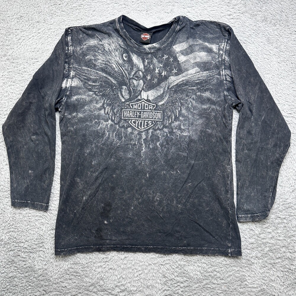 Harley Davidson Shirt Mens XL Black Long Sleeve Eagle USA Wisconsin All Over
